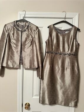 Kaspar Two-Piece Shimmery Taupe Sheath Dress & Jacket Set